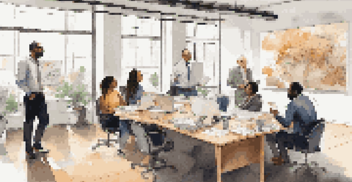 A diverse group of professionals having a collaborative meeting in a bright office with large windows, surrounded by inspirational artwork.