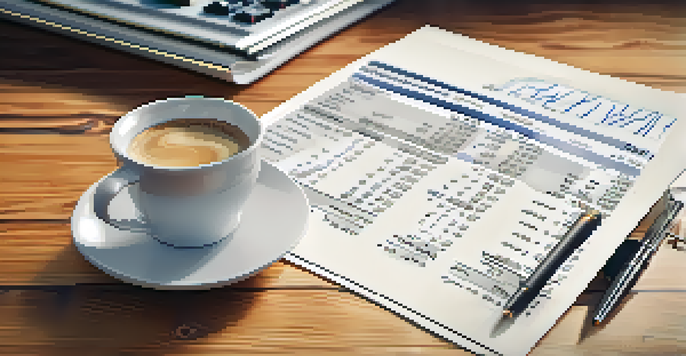 A close-up view of a financial statement on a wooden desk with a cup of coffee and calculator beside it, illuminated by warm lighting.