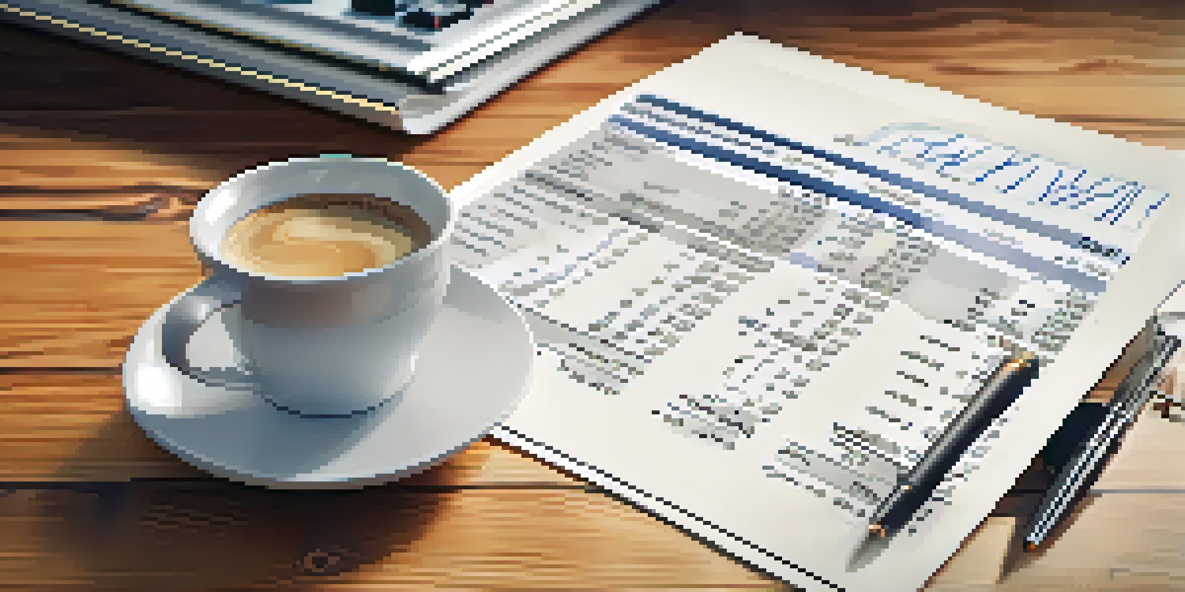 A close-up view of a financial statement on a wooden desk with a cup of coffee and calculator beside it, illuminated by warm lighting.