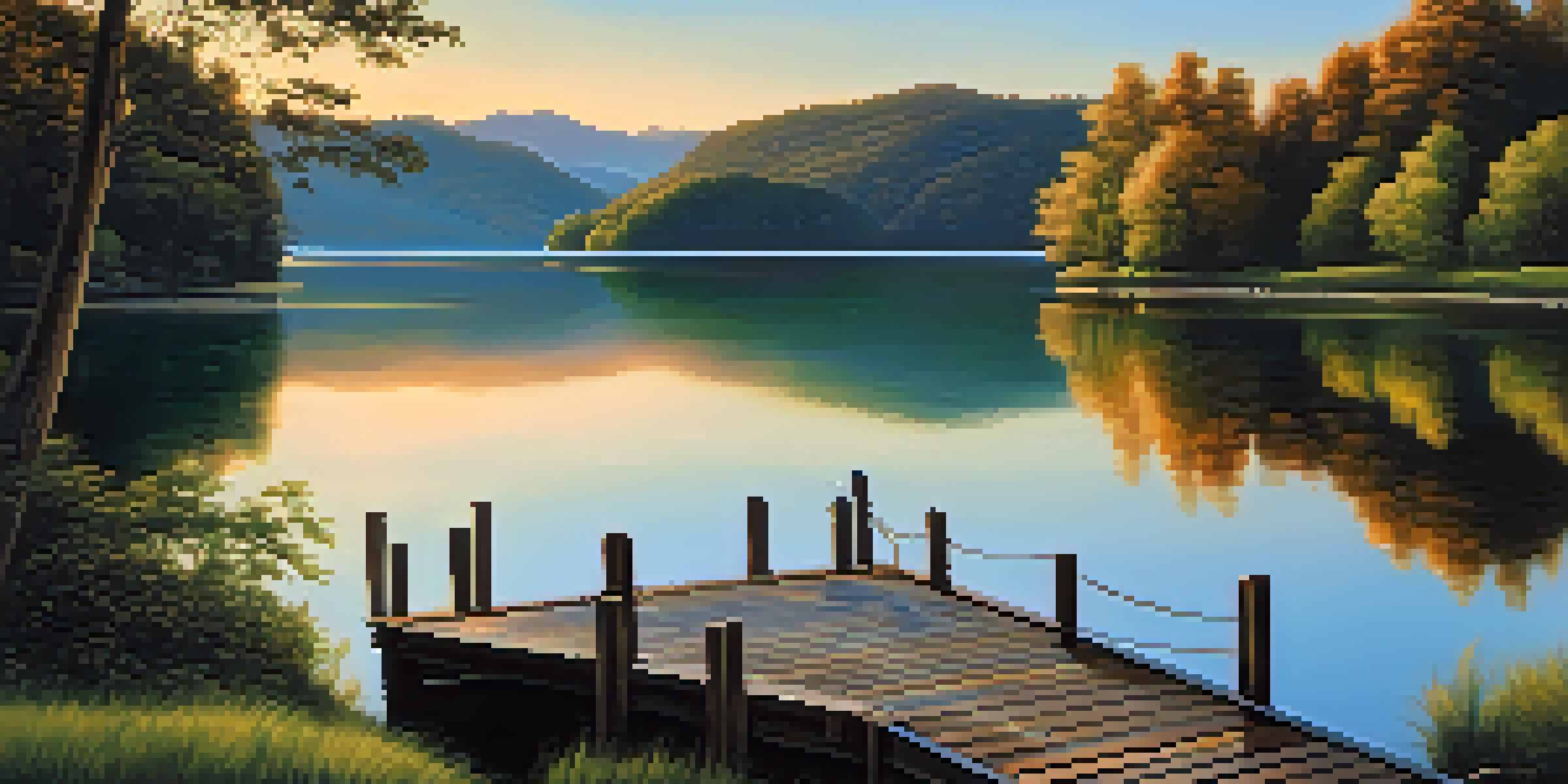 A peaceful lake scene with green mountains and a sunset, featuring a wooden dock.