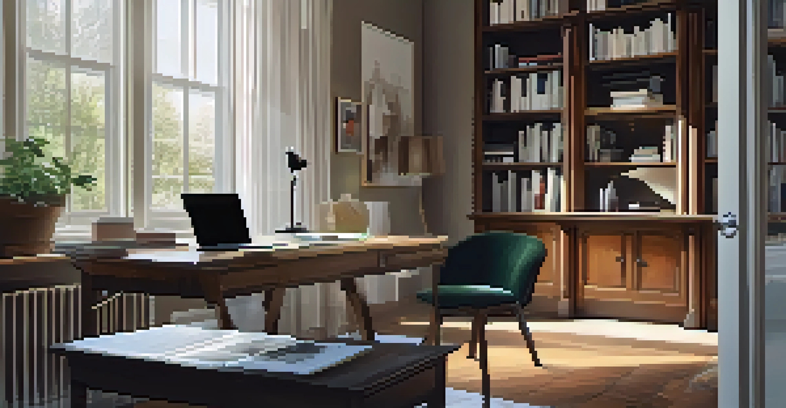 A stylish home office with a wooden desk, laptop, coffee cup, and natural light from a window.