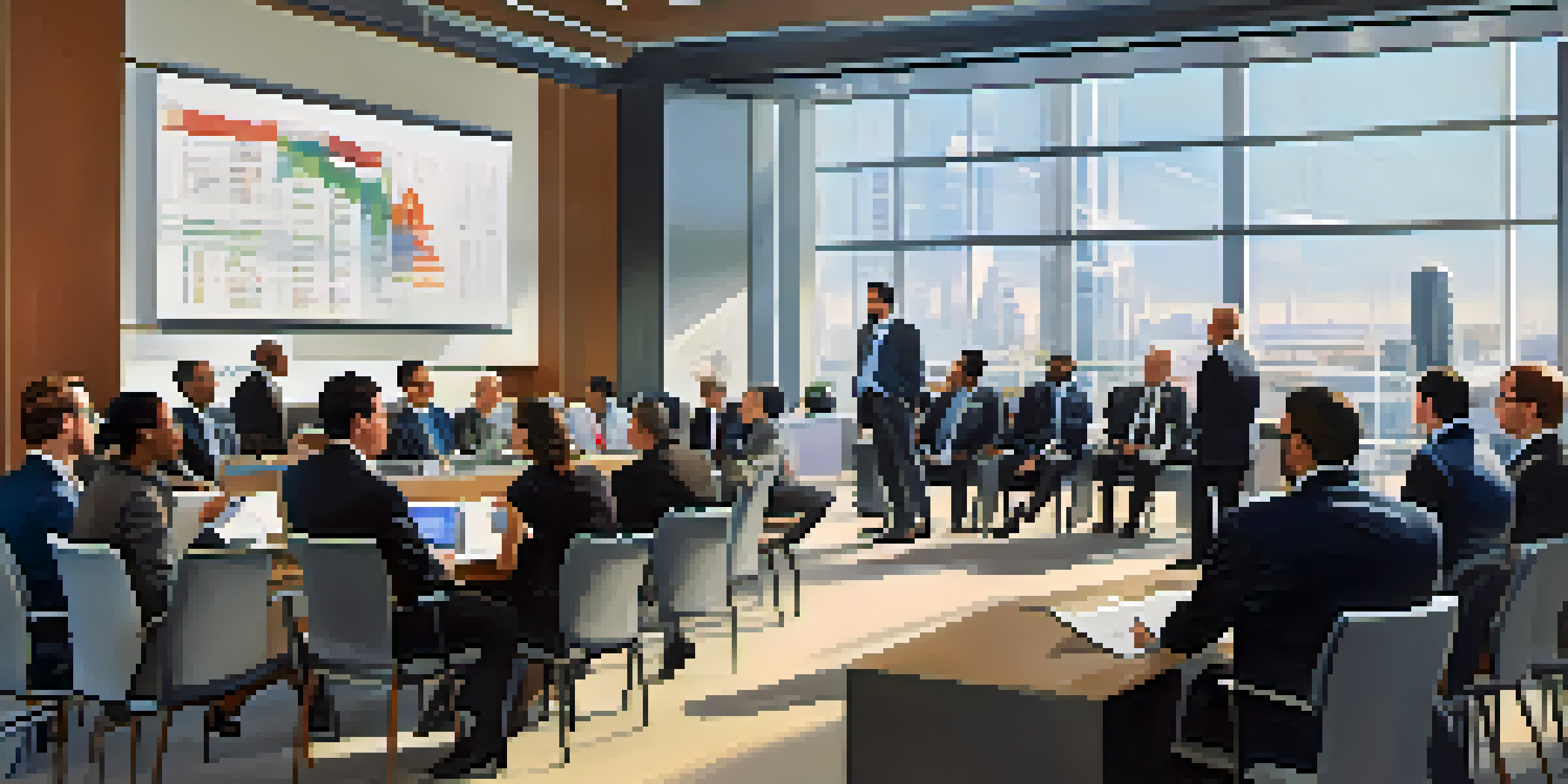 A group of diverse finance professionals networking in a modern conference hall with natural light, showcasing collaboration and engagement.