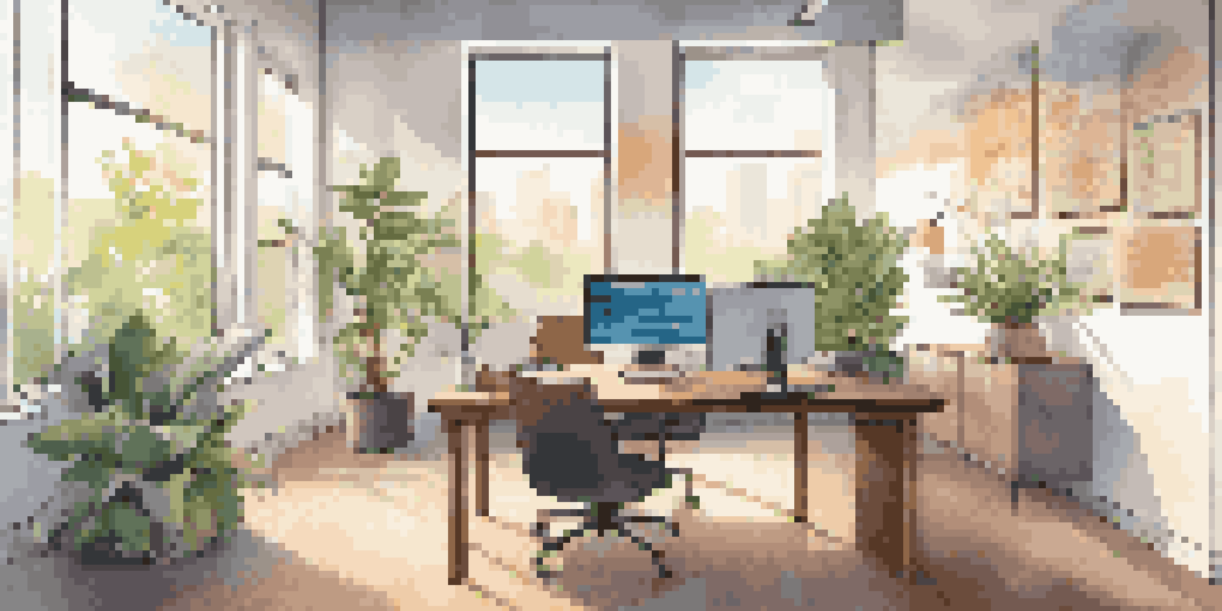A modern office space with a wooden desk, laptop, financial charts, and plants, illuminated by natural light from a large window.