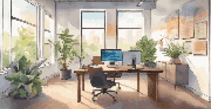 A modern office space with a wooden desk, laptop, financial charts, and plants, illuminated by natural light from a large window.