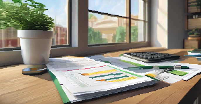 A detailed view of a financial report with stock option calculations, including a calculator and charts on a desk, illuminated by soft natural light.