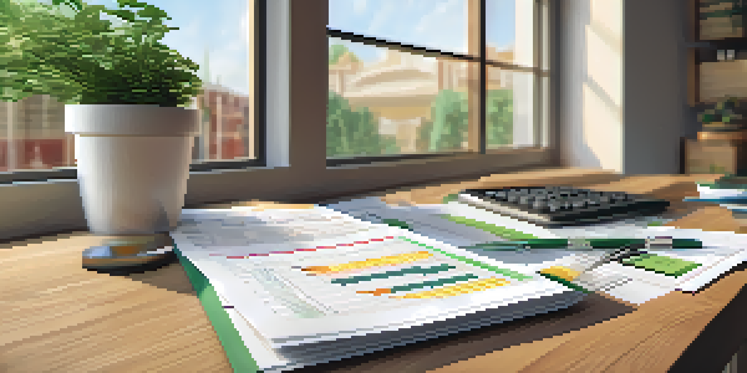 A detailed view of a financial report with stock option calculations, including a calculator and charts on a desk, illuminated by soft natural light.