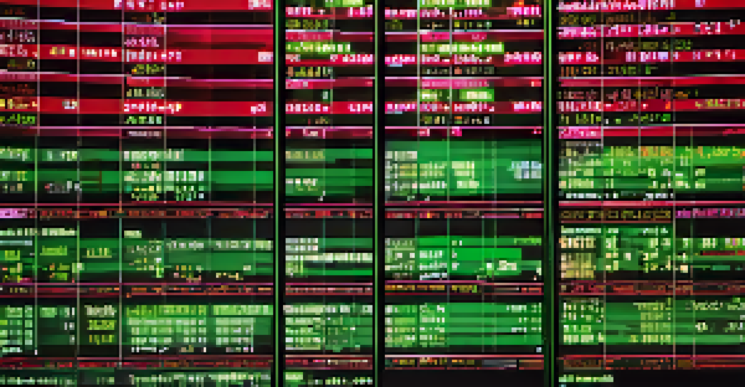 A close-up of a stock market ticker in a busy financial office, displaying fluctuating prices with traders in the background.