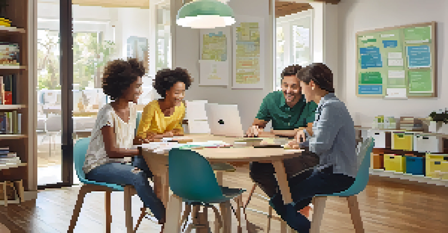 A happy family at a table discussing education savings, with a laptop showing a 529 plan, in a bright and inviting room.