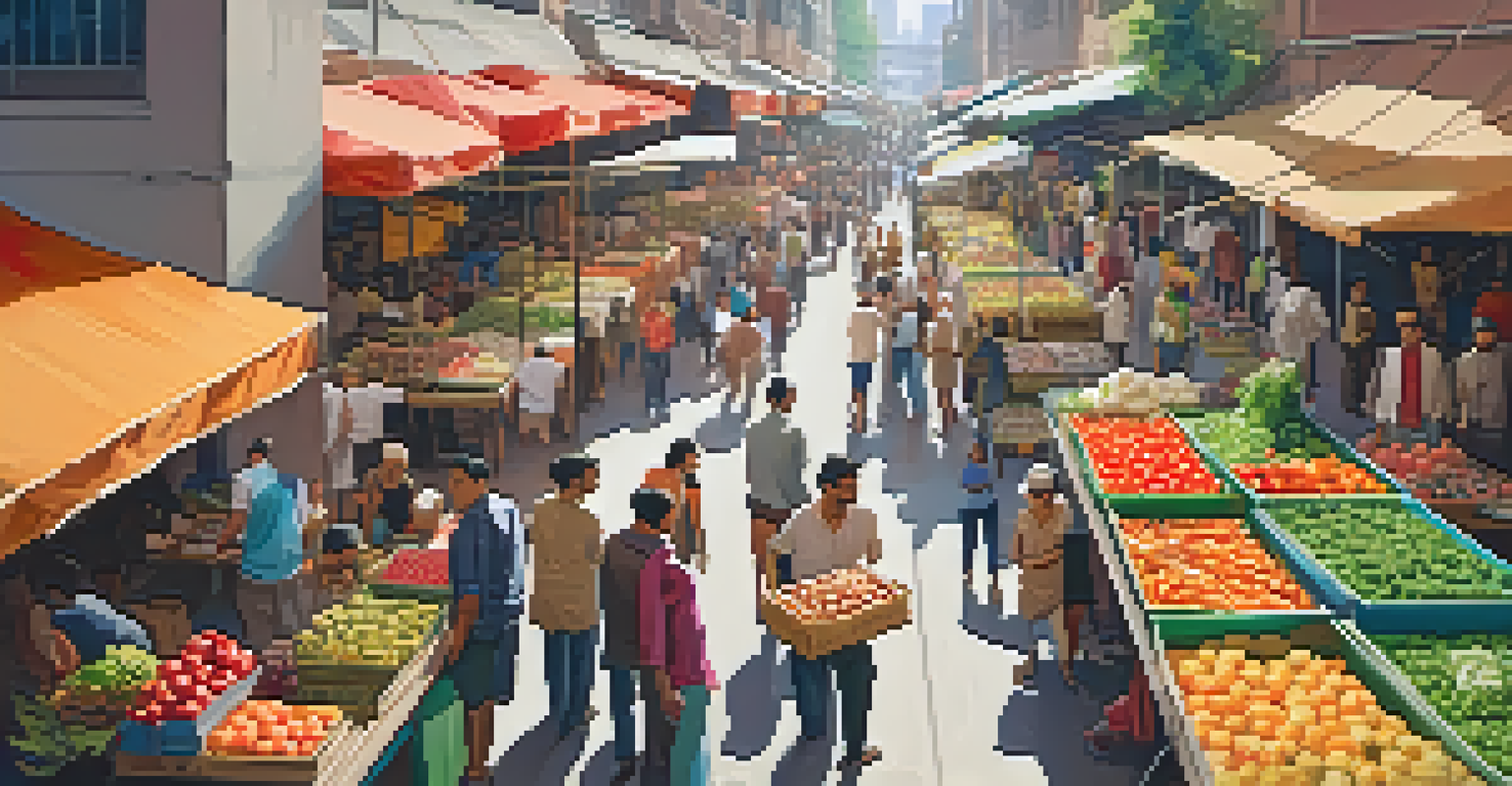 A bustling urban market filled with colorful stalls of fruits and vegetables and people interacting.