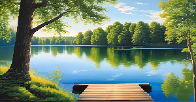 A calm lake surrounded by green trees and a blue sky, with a wooden dock extending into the water.