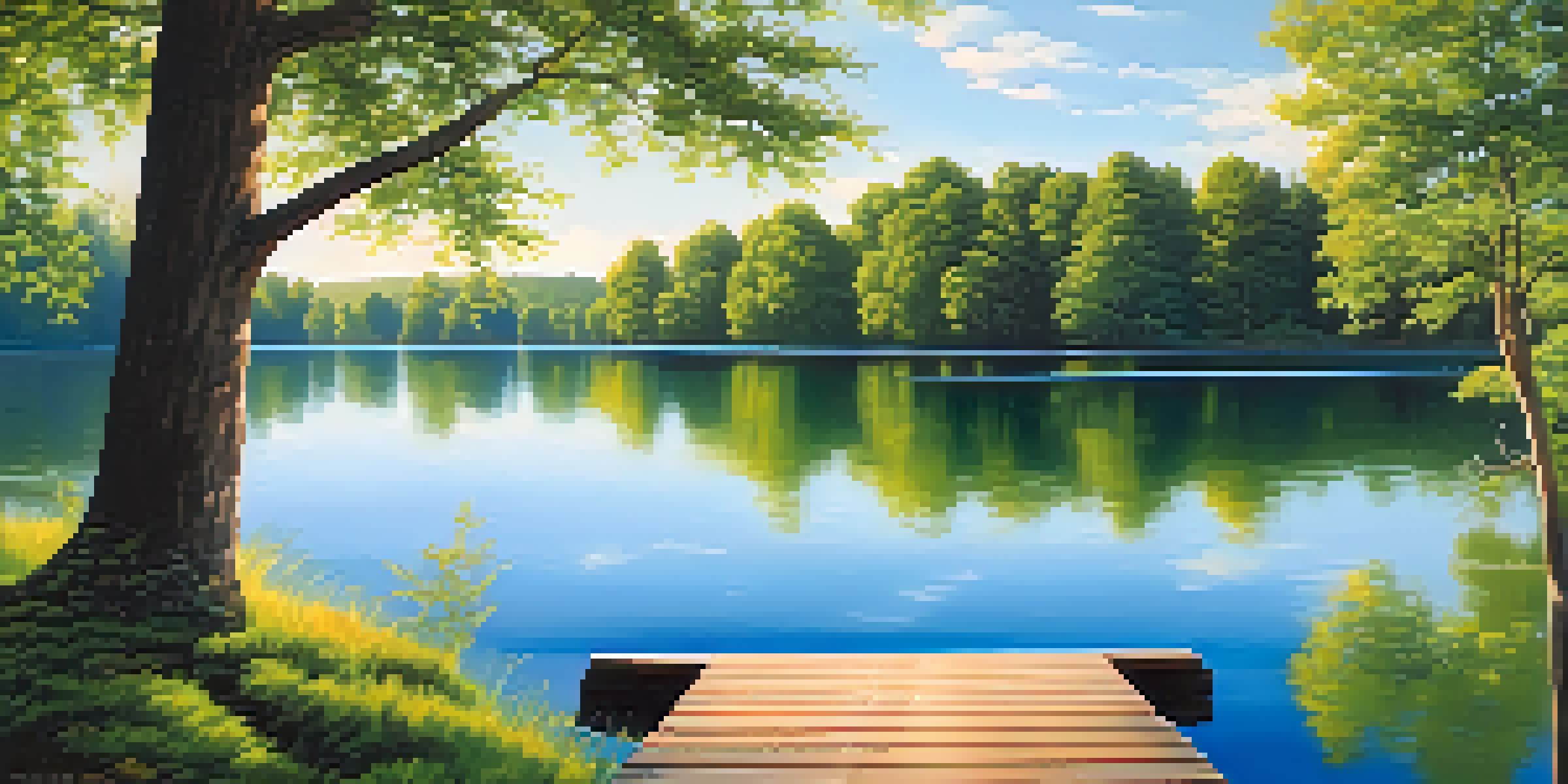 A calm lake surrounded by green trees and a blue sky, with a wooden dock extending into the water.
