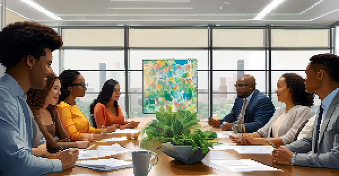 A diverse group of people sitting around a table in a bright conference room, discussing investment strategies with charts on the walls.
