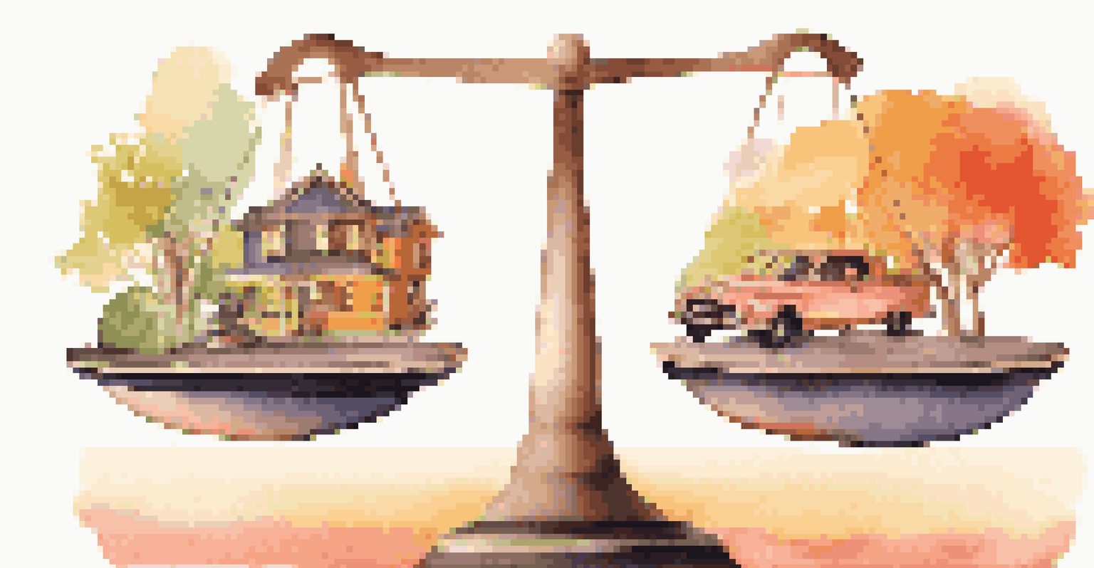 A balancing scale showing short-term investments like a vacation and car on one side, and long-term investments like a house and retirement savings on the other.