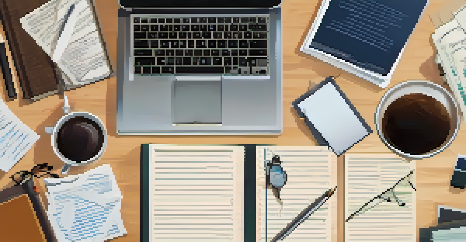 An overhead view of a desk with financial documents, a laptop, and a cup of coffee in a professional setting.