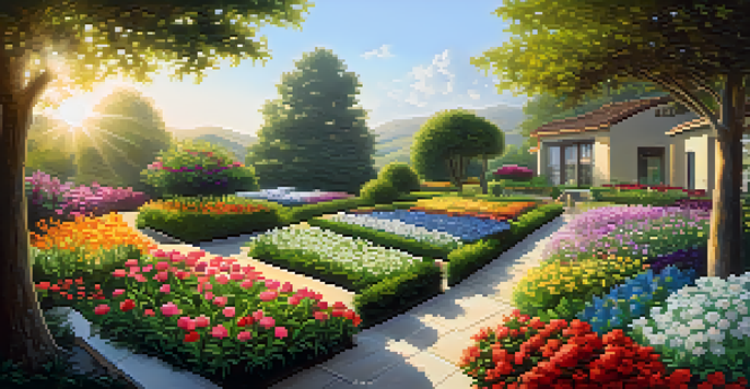 A beautiful garden filled with colorful flowers symbolizing financial growth under a bright sun.