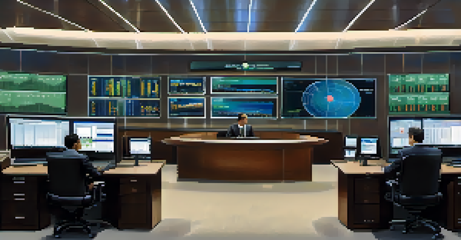 An operations room in a central bank with bankers discussing around monitors displaying financial data, featuring a prominent bank logo.
