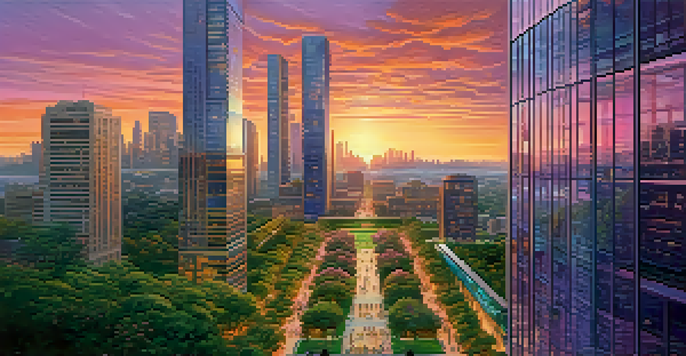 A colorful city skyline at sunset with modern buildings and green parks, featuring people enjoying outdoor activities.
