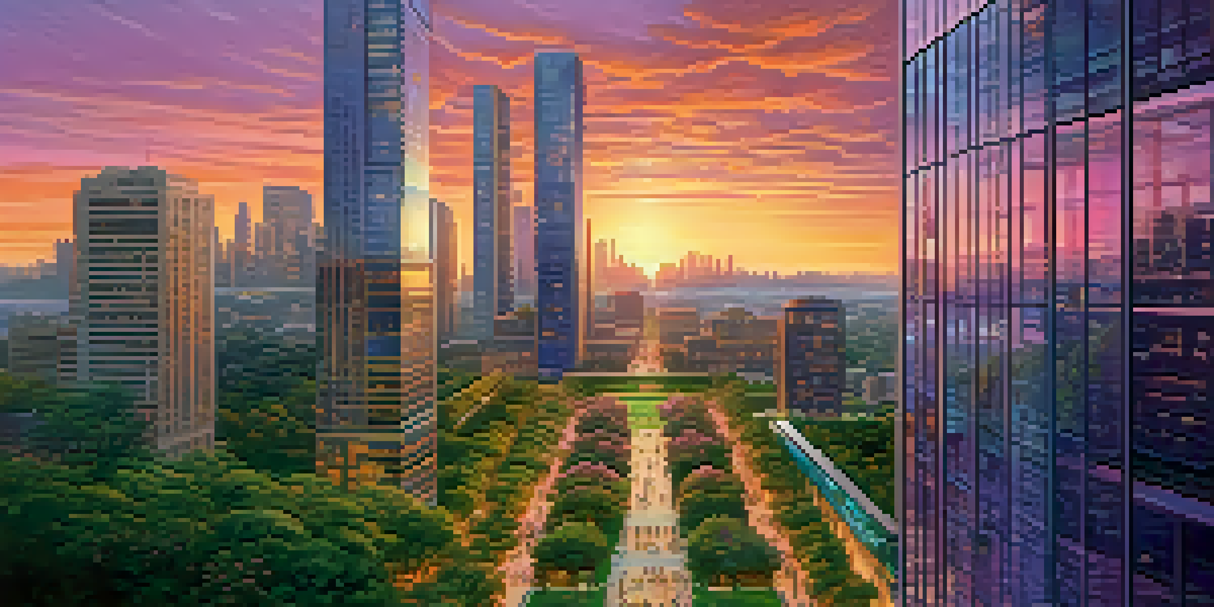 A colorful city skyline at sunset with modern buildings and green parks, featuring people enjoying outdoor activities.