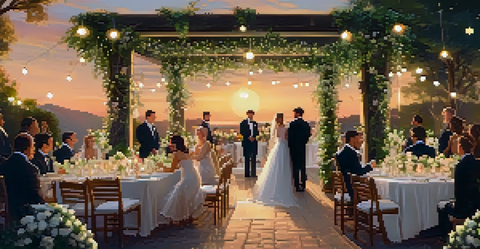 An outdoor wedding garden decorated with pastel flowers and a wooden arch, under a warm sunset glow.