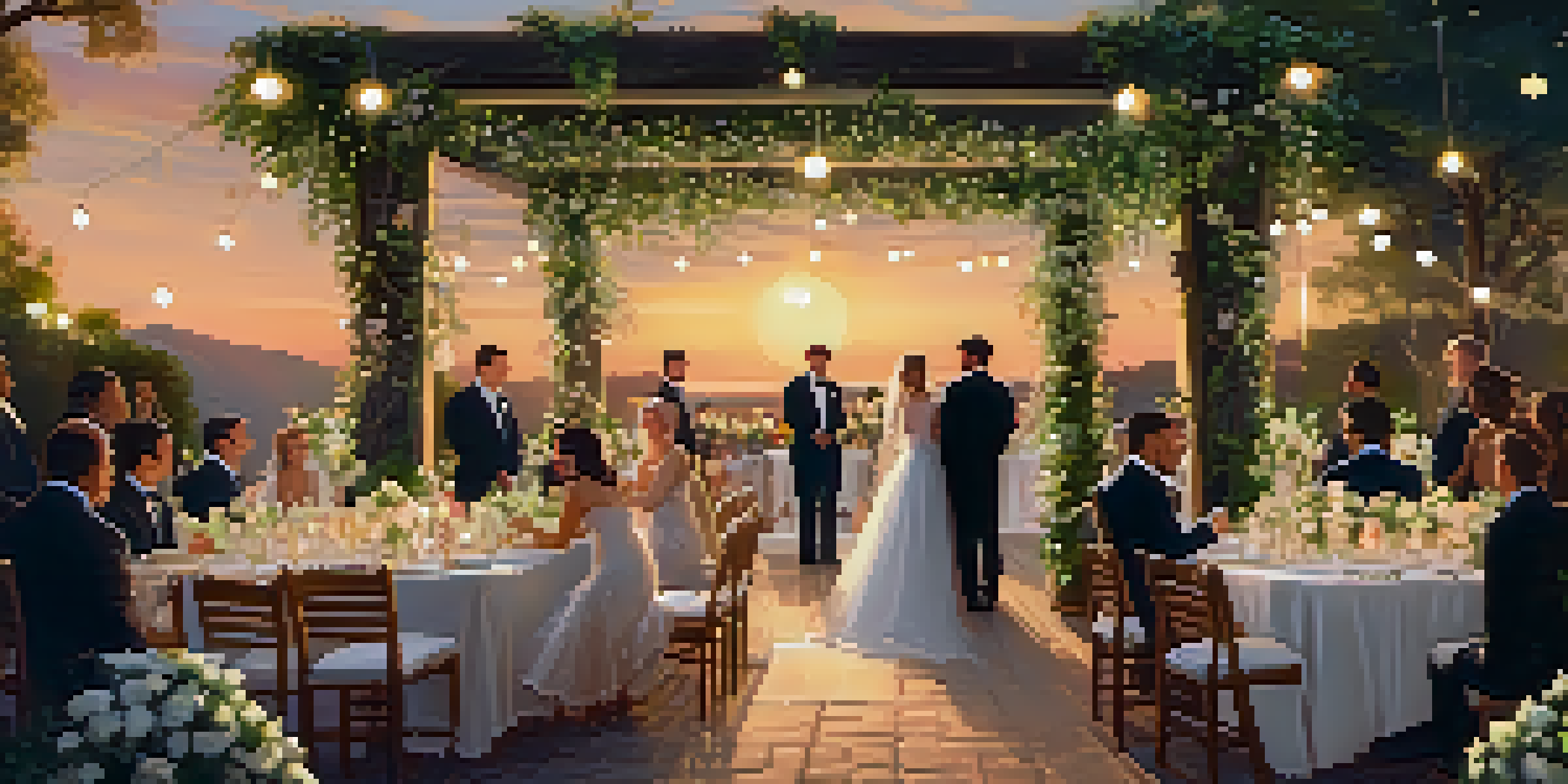An outdoor wedding garden decorated with pastel flowers and a wooden arch, under a warm sunset glow.