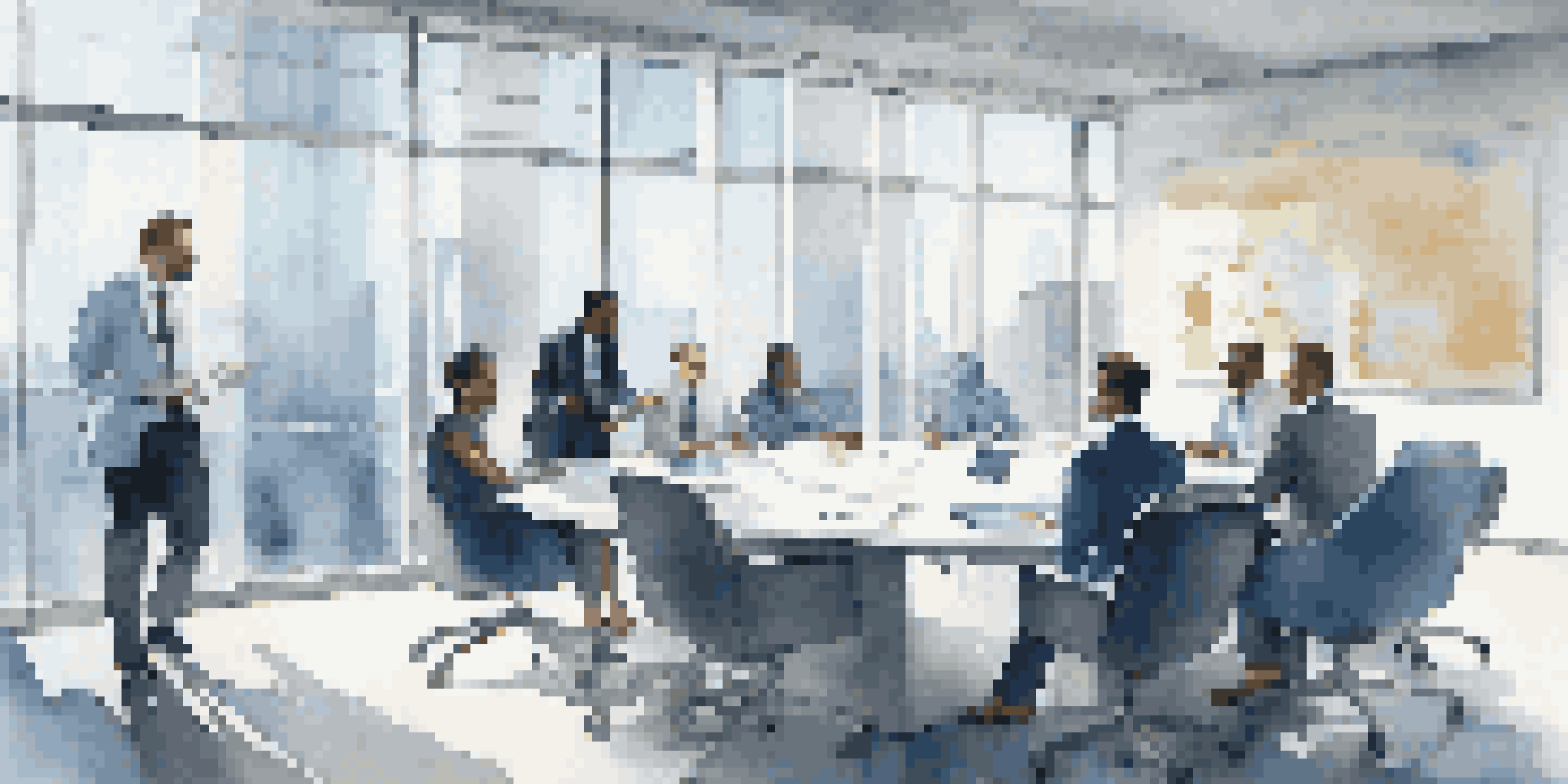 A diverse group of professionals in a modern office meeting, discussing corporate governance with documents and charts on a conference table.