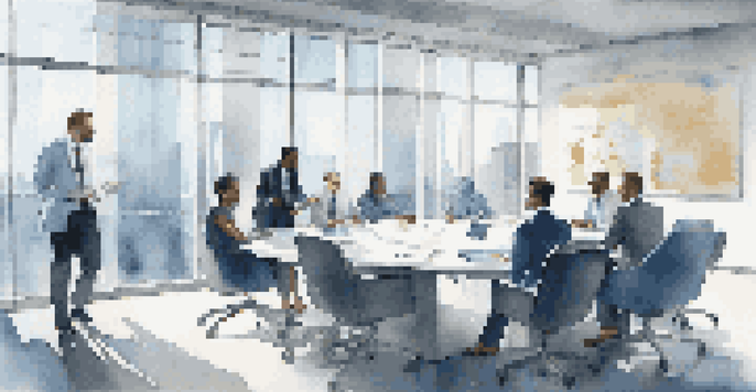 A diverse group of professionals in a modern office meeting, discussing corporate governance with documents and charts on a conference table.