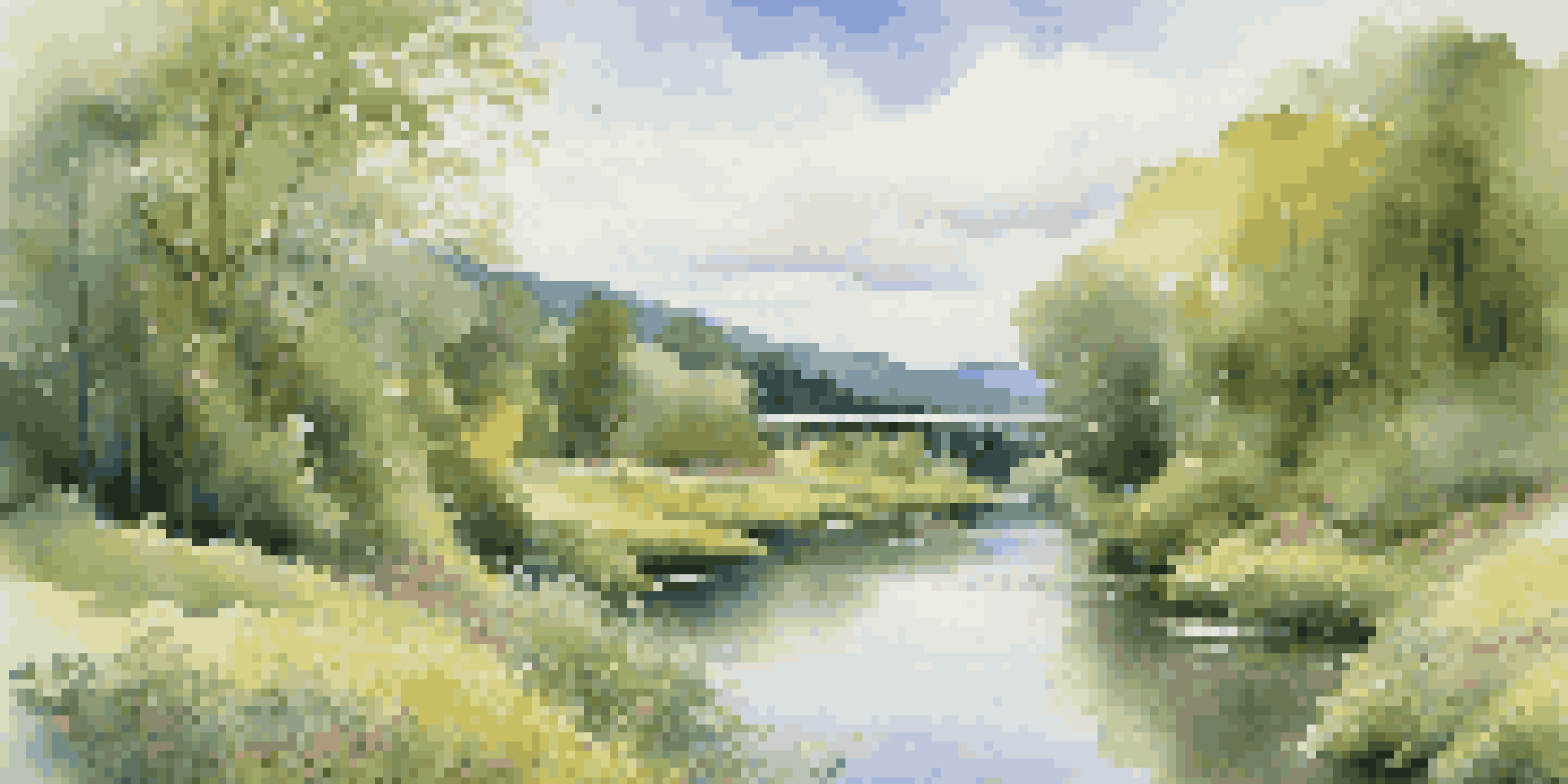 A peaceful valley with a river, wildflowers, and a wooden bridge under a blue sky.