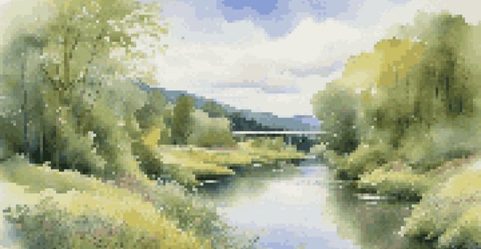 A peaceful valley with a river, wildflowers, and a wooden bridge under a blue sky.