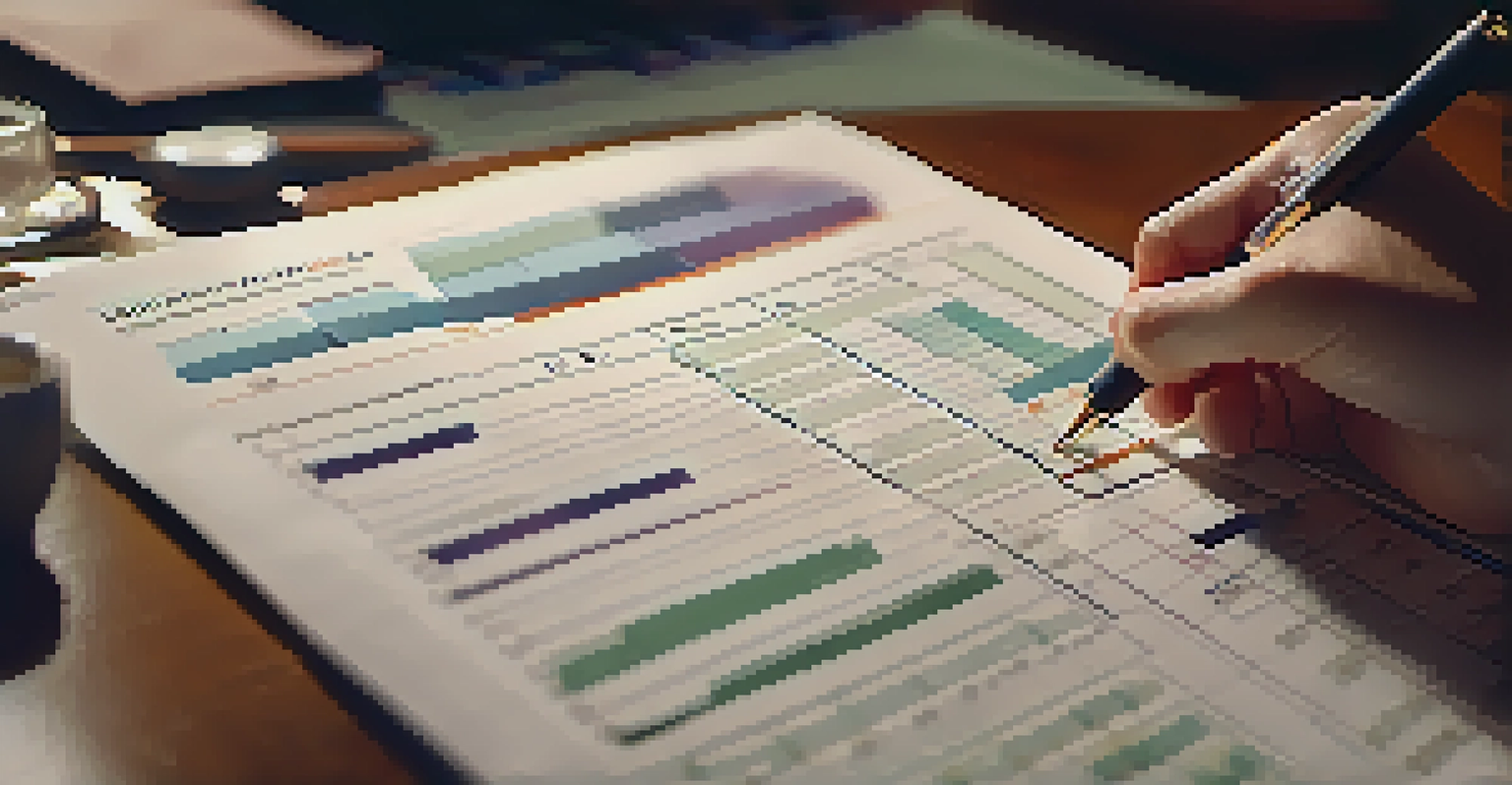 A close-up of a hand with a pen above a financial report filled with graphs and numbers.