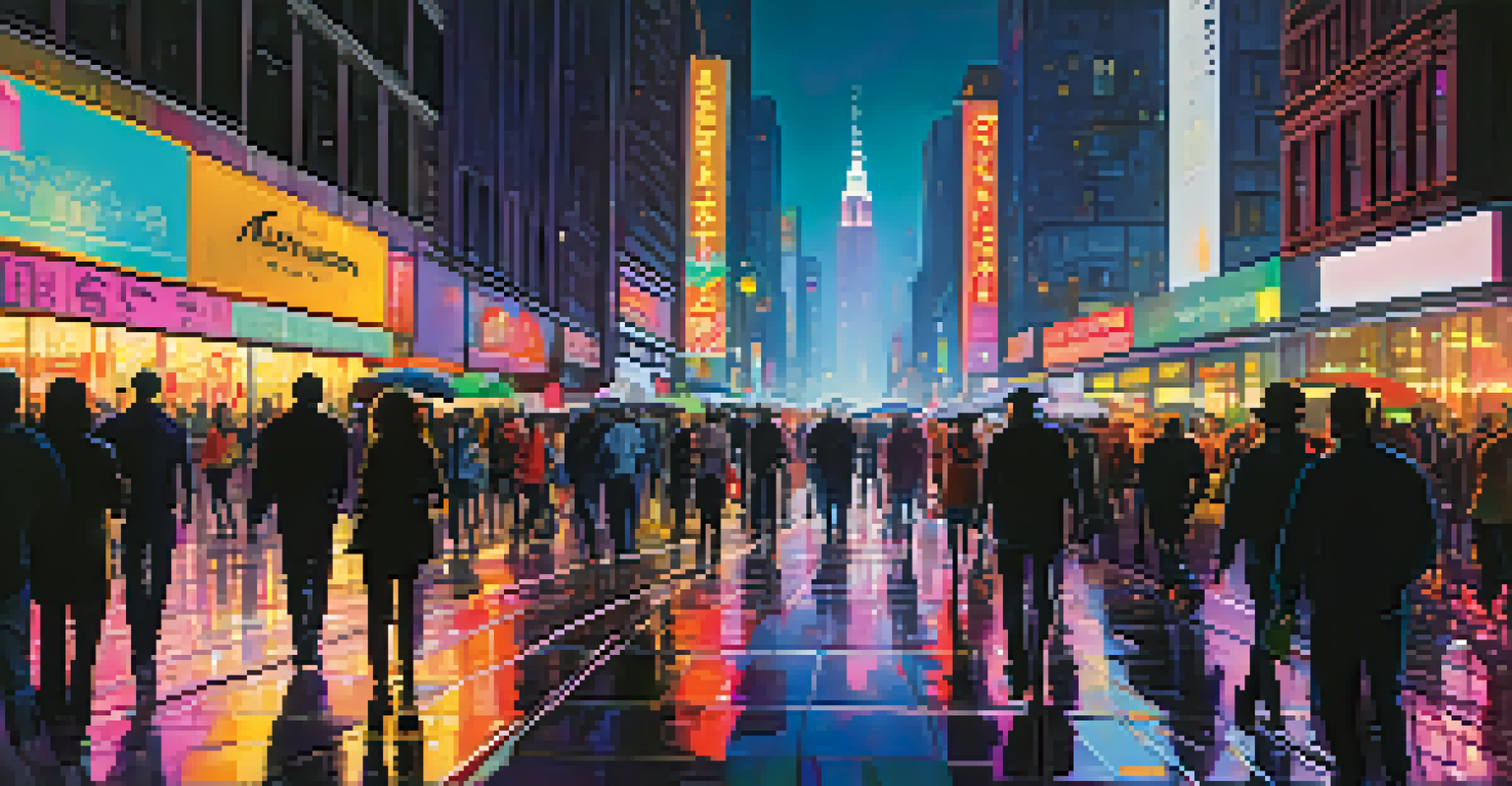 A lively city street at night with neon lights and reflections on wet pavement.