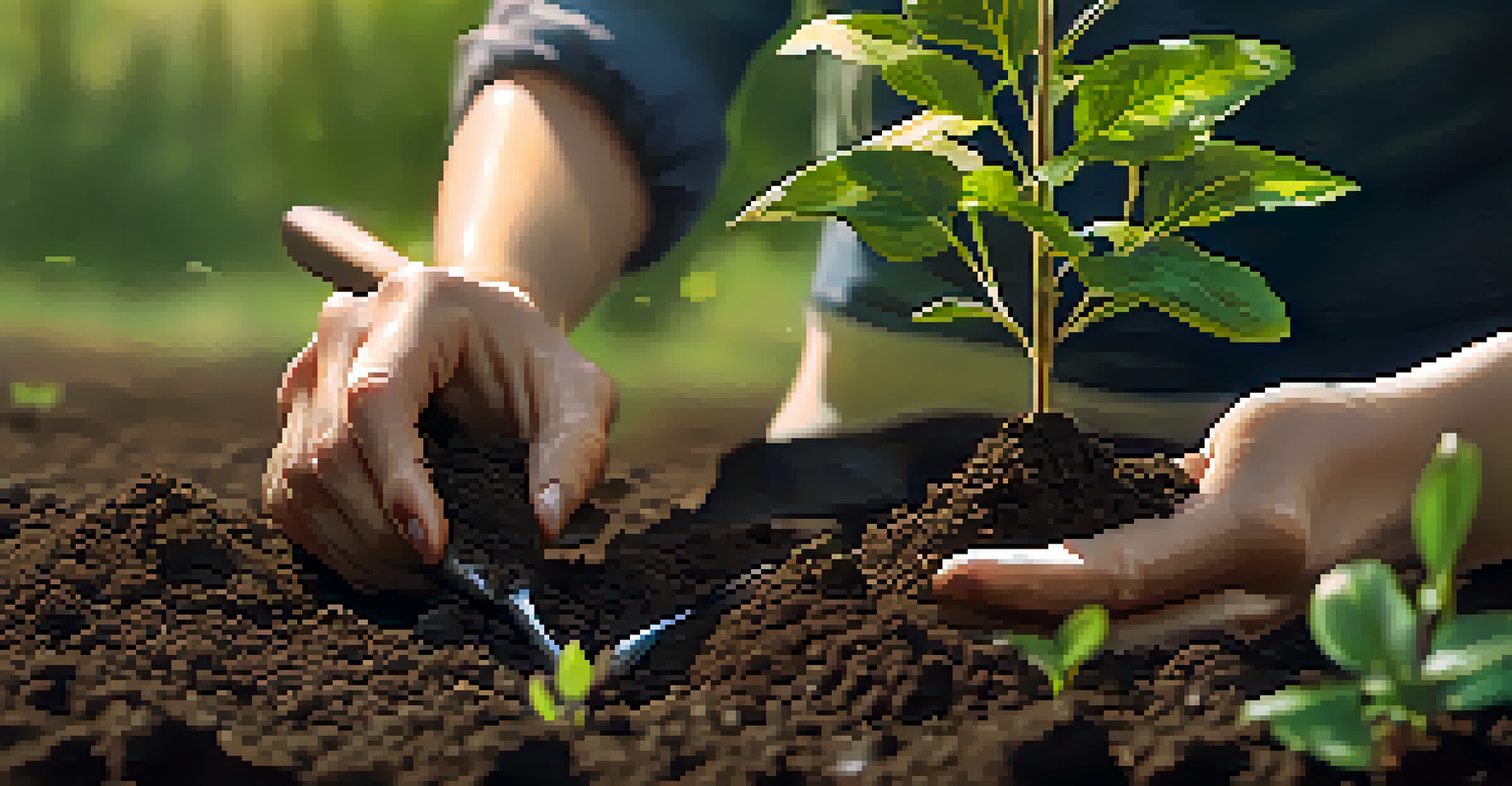 Hands carefully planting a tree sapling in dark soil, with sunlight filtering through leaves above.