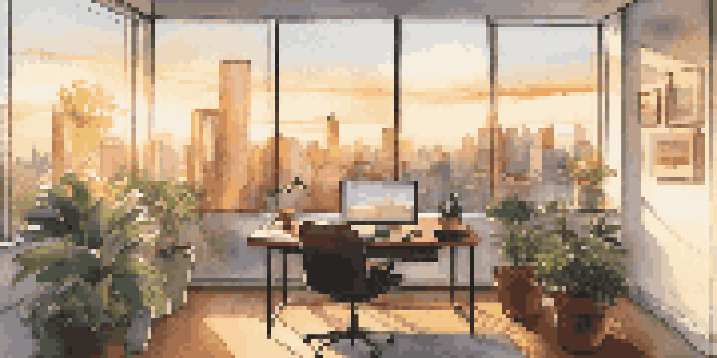 A modern office with a city skyline view at sunset, featuring a desk with a laptop and a potted plant.