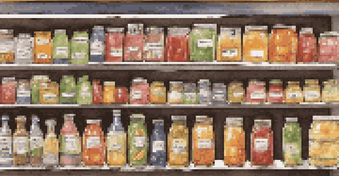 A grocery store shelf filled with food items and price tags showing rising prices, under bright lighting.