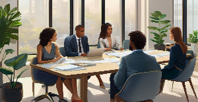 A diverse group of individuals engaged in a discussion about real estate crowdfunding in a bright, modern conference room.