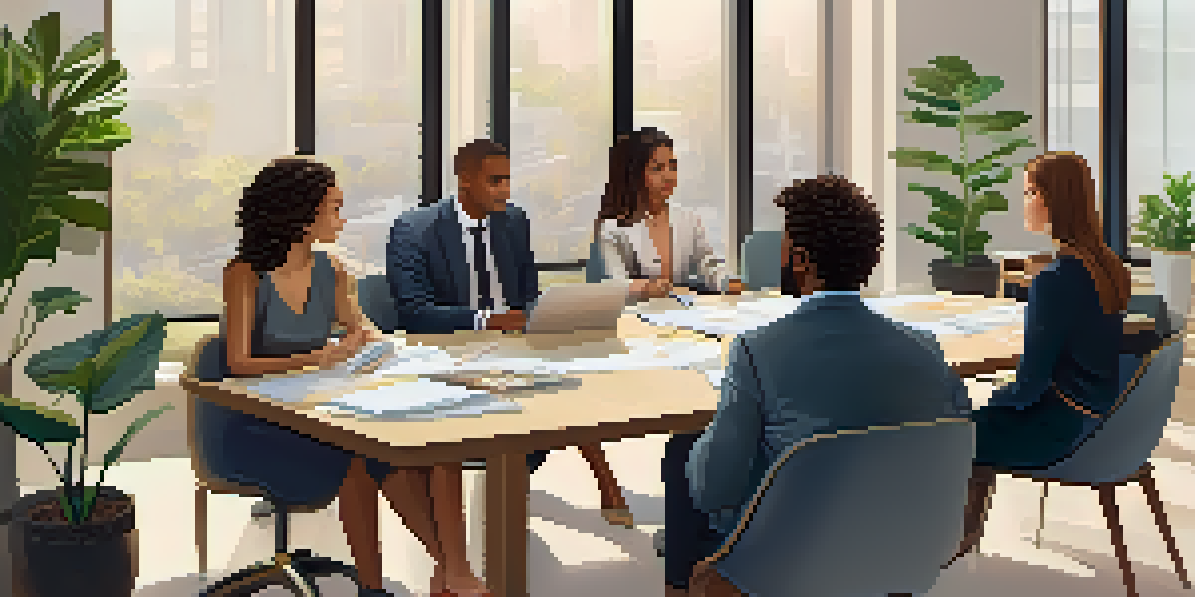 A diverse group of individuals engaged in a discussion about real estate crowdfunding in a bright, modern conference room.