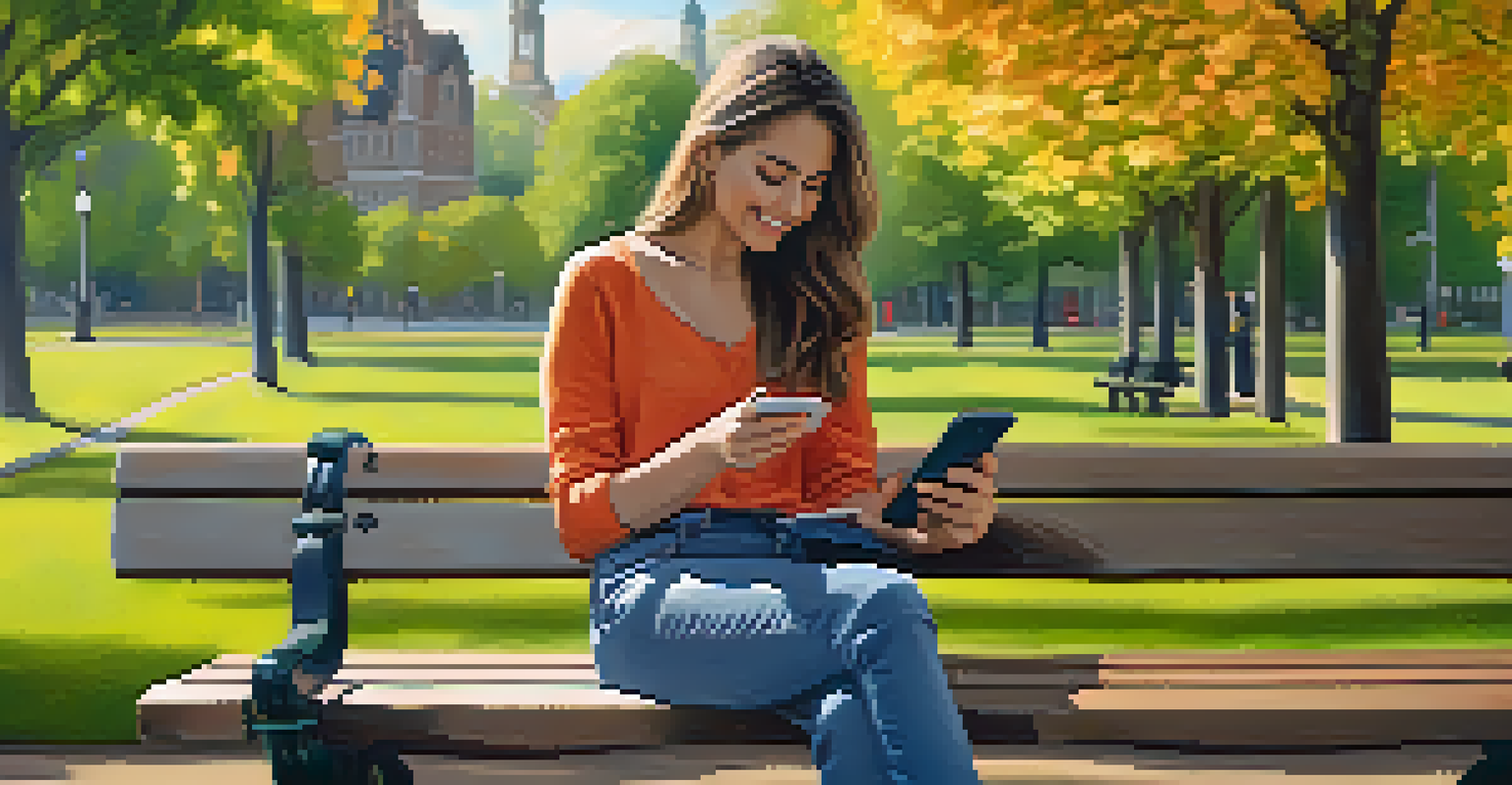 A person using a finance app on a smartphone in a sunny park, with trees and flowers around, portraying a productive moment.