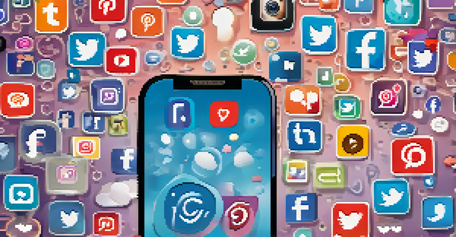 A smartphone with floating social media icons in a colorful background, illustrating the concept of social media engagement.