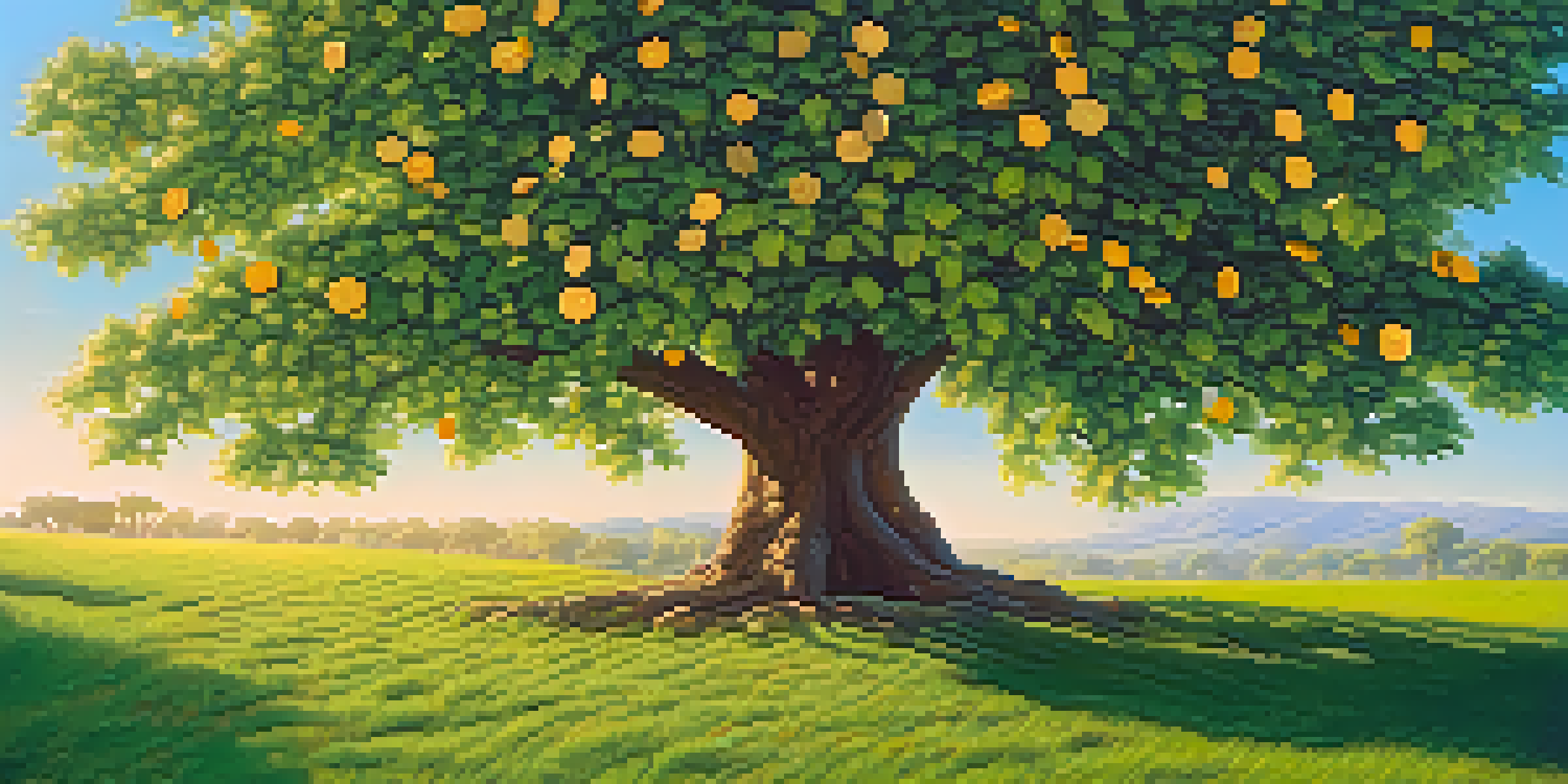 A lush green tree in a meadow with coins hanging from its branches, representing long-term investments under a clear blue sky.