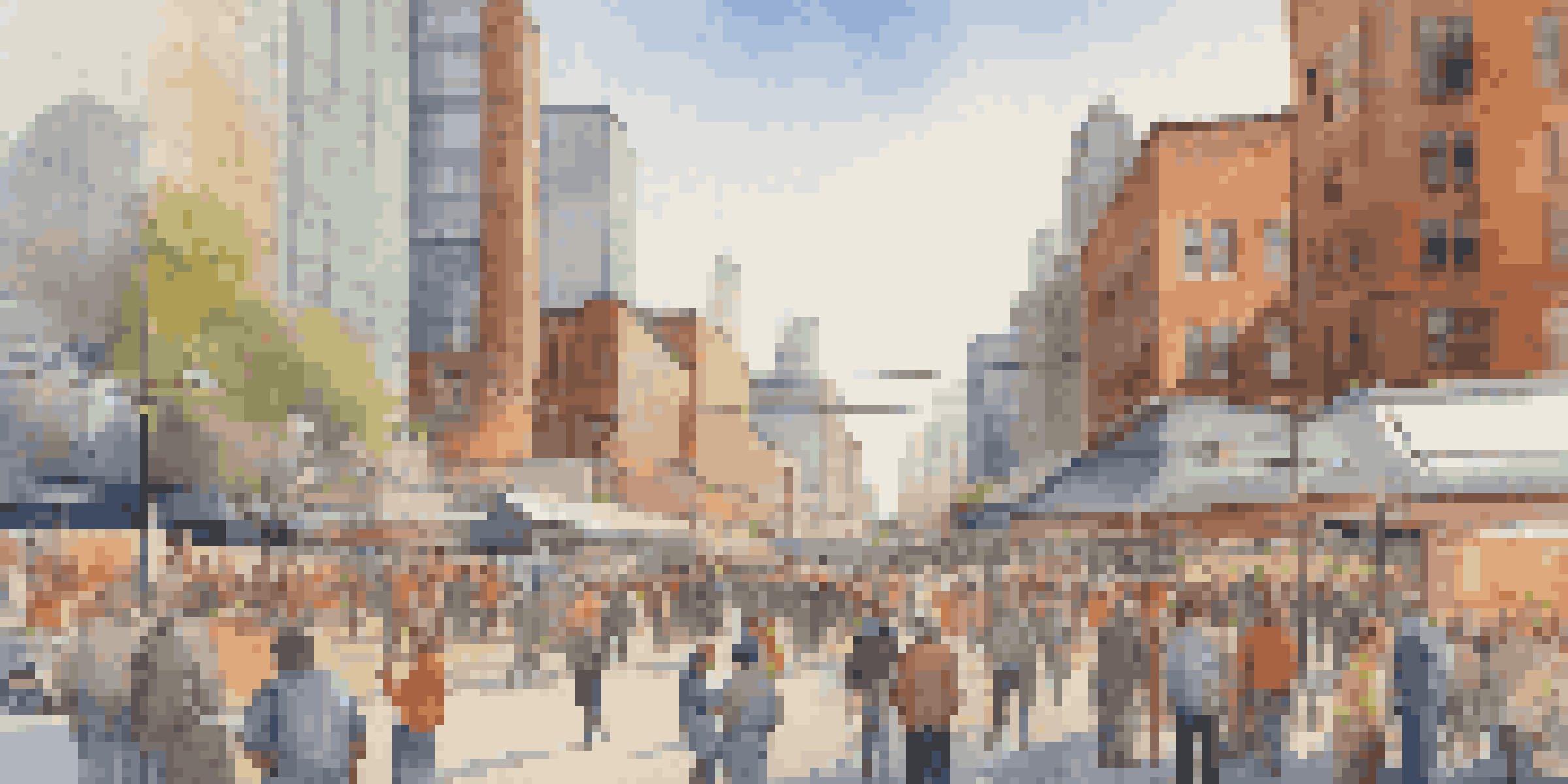 A vibrant city scene showing a diverse group of people discussing infrastructure, with a modern skyline and construction cranes in the background.