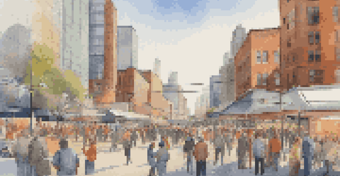 A vibrant city scene showing a diverse group of people discussing infrastructure, with a modern skyline and construction cranes in the background.