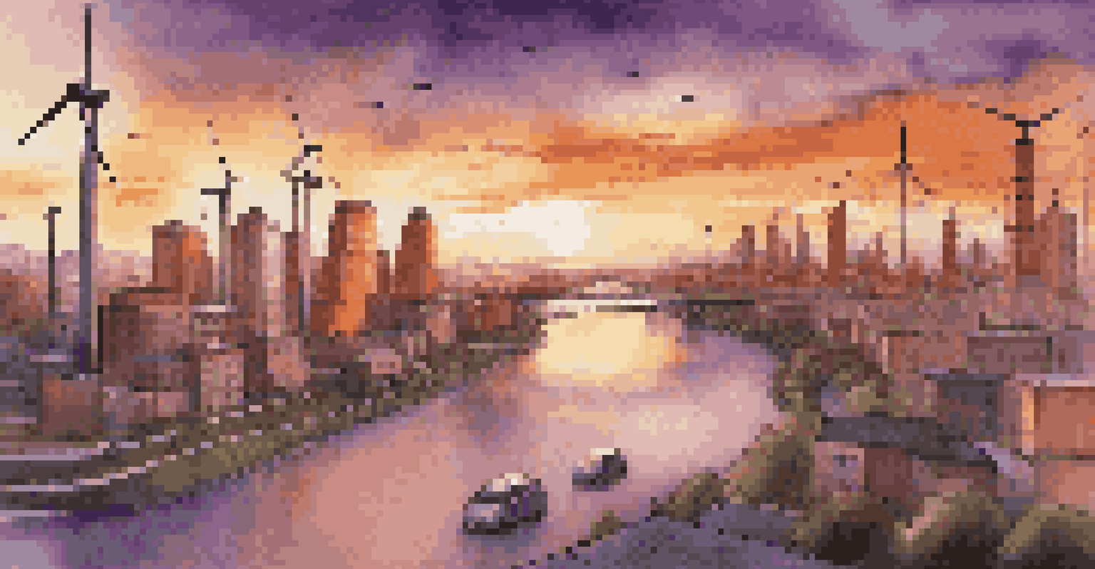 A city skyline at sunset featuring wind turbines and solar panels, with a river reflecting the vibrant sky.