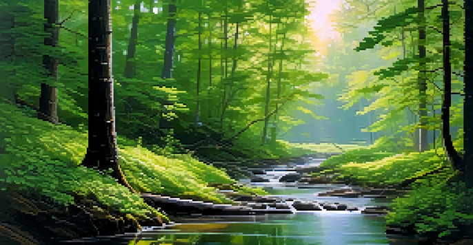 A peaceful forest scene with lush green trees and a stream reflecting sunlight after rain.