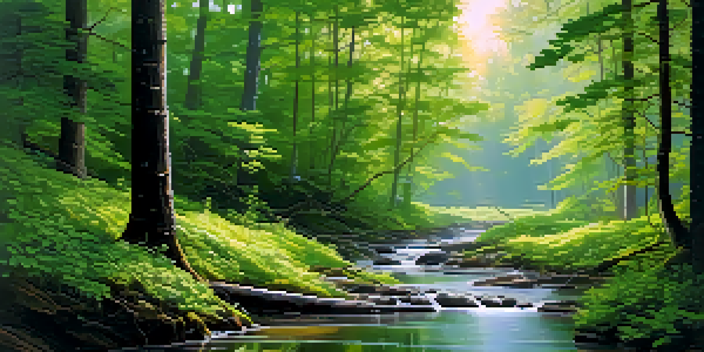 A peaceful forest scene with lush green trees and a stream reflecting sunlight after rain.
