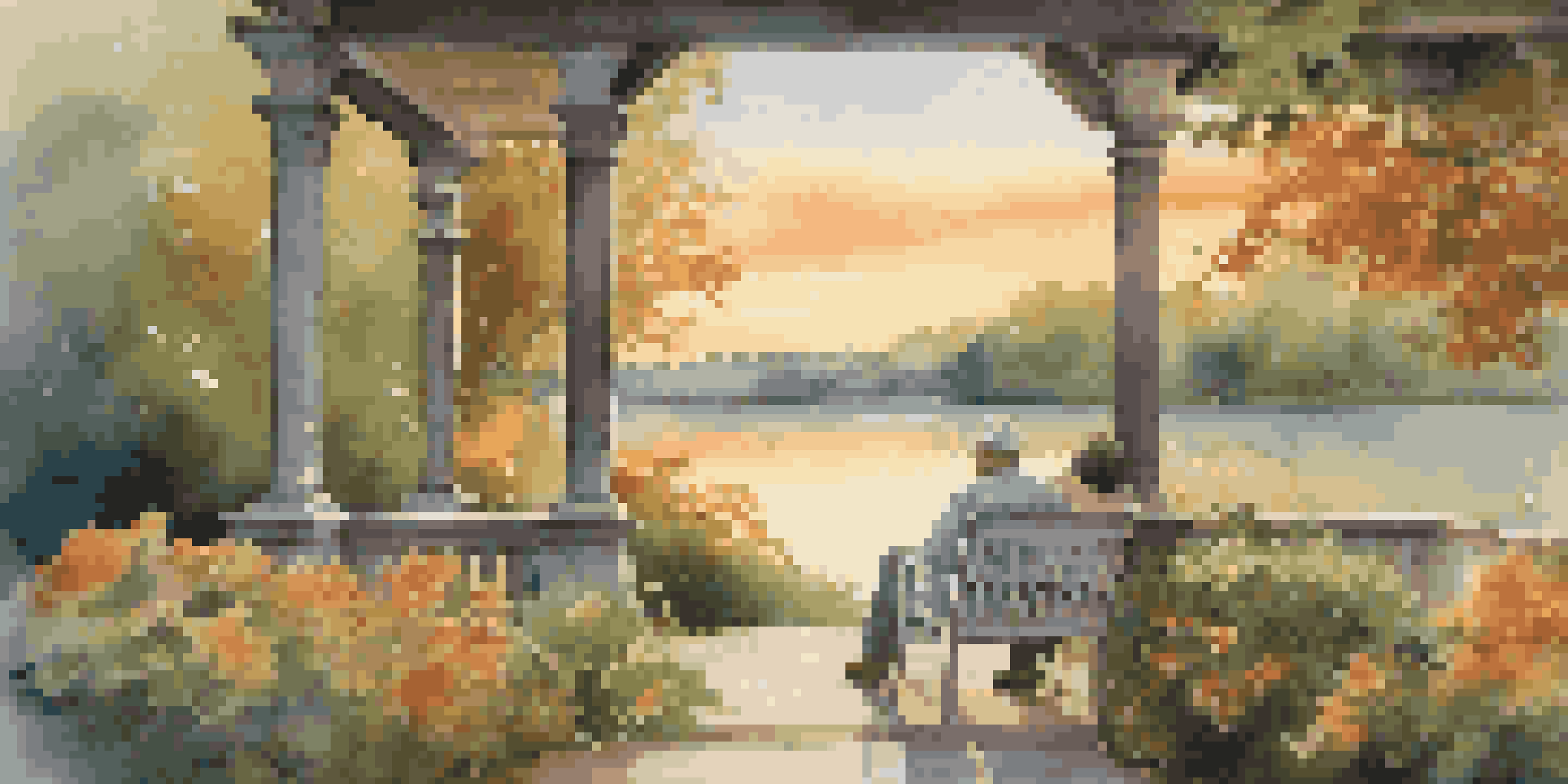 A couple relaxing on a porch during sunset, overlooking a calm lake with greenery and flowers around them.