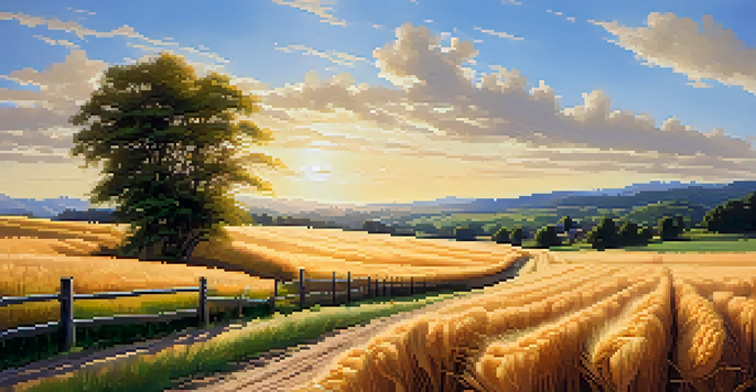 A golden wheat field under a blue sky with a rustic wooden fence and green hills in the background.