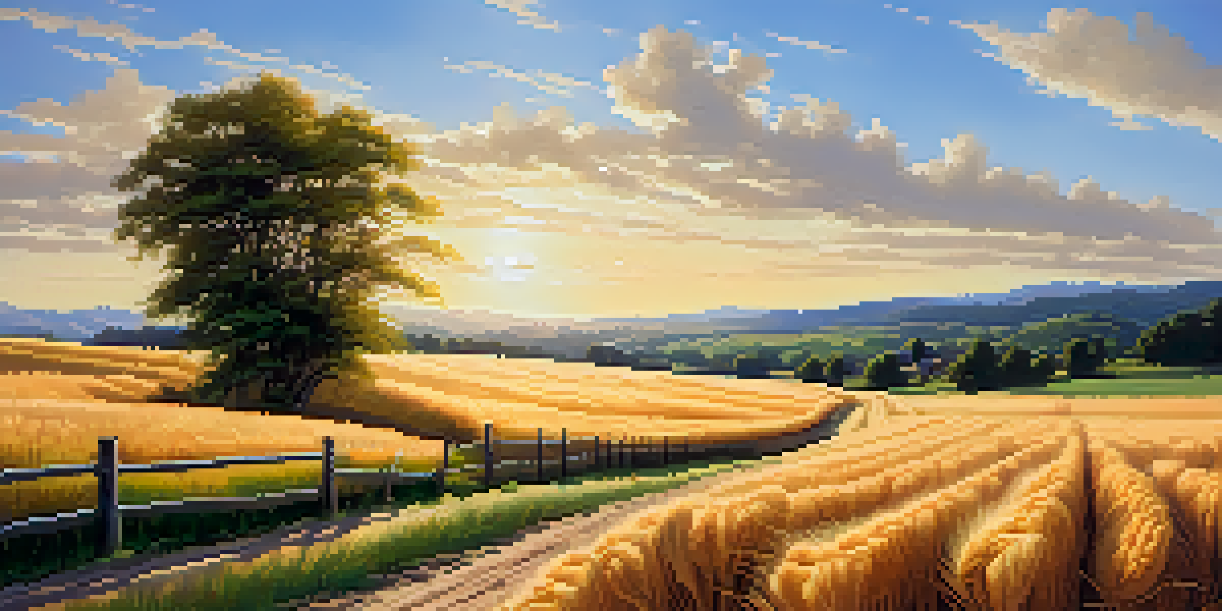 A golden wheat field under a blue sky with a rustic wooden fence and green hills in the background.