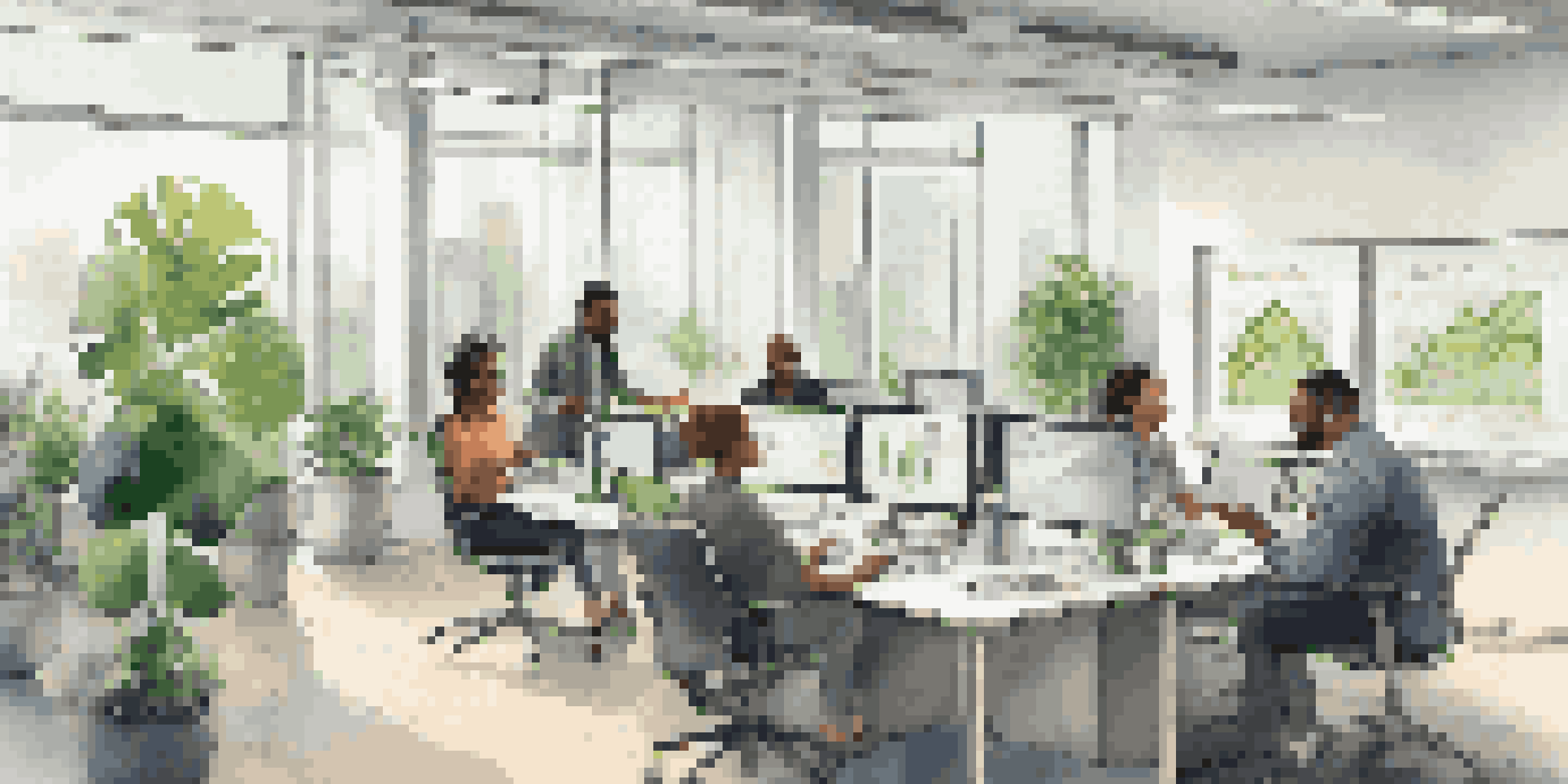 A diverse group of employees discussing stock options in a bright, modern office with charts and plants.