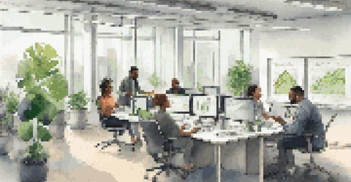 A diverse group of employees discussing stock options in a bright, modern office with charts and plants.