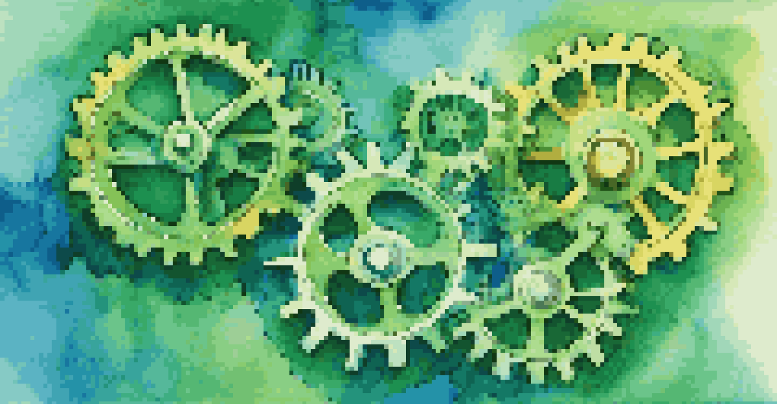 Abstract image of interconnected gears representing private equity investment, set against a blue and green gradient background.