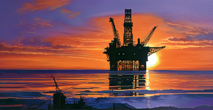 A close-up view of an oil rig at sunset with vibrant colors in the sky and reflections on water.